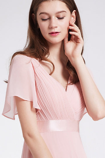 V Neck Pink Brudepige Kjole med flæser